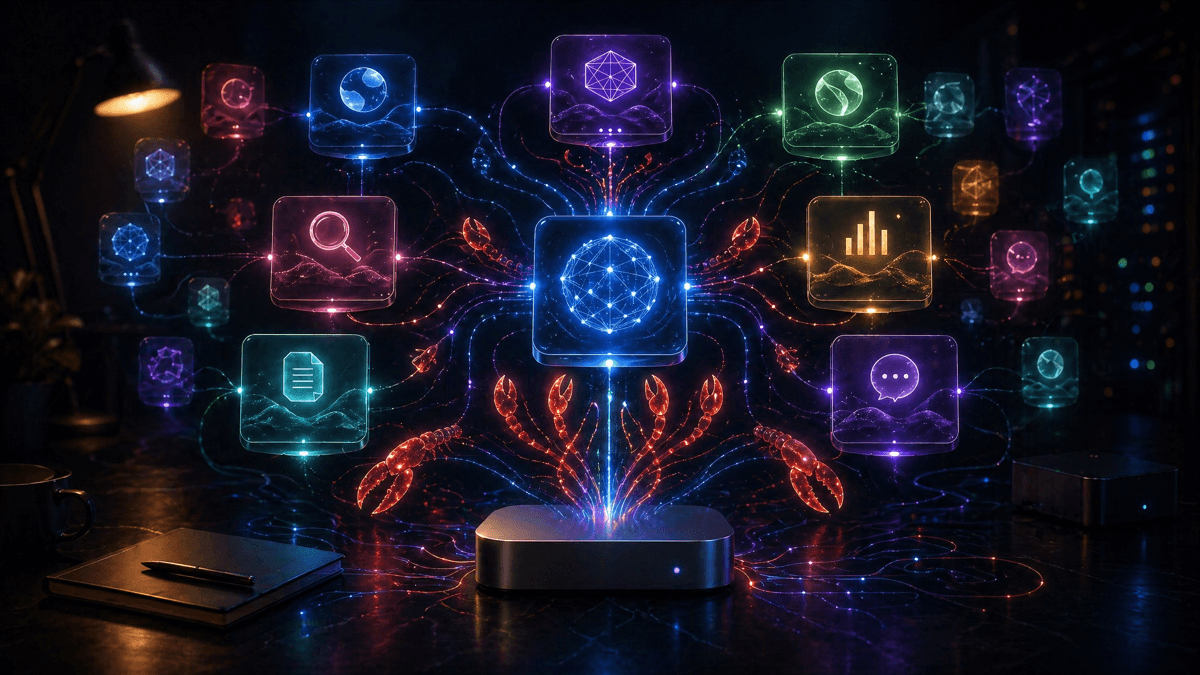 Abstract dark command-center scene with connected AI agent nodes and subtle lobster claw motifs representing an orchestrated AI agent team.