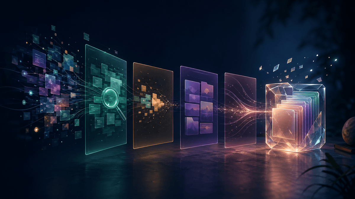 Abstract layered cards and glowing threads flowing into a knowledge archive, representing an AI agent memory stack.