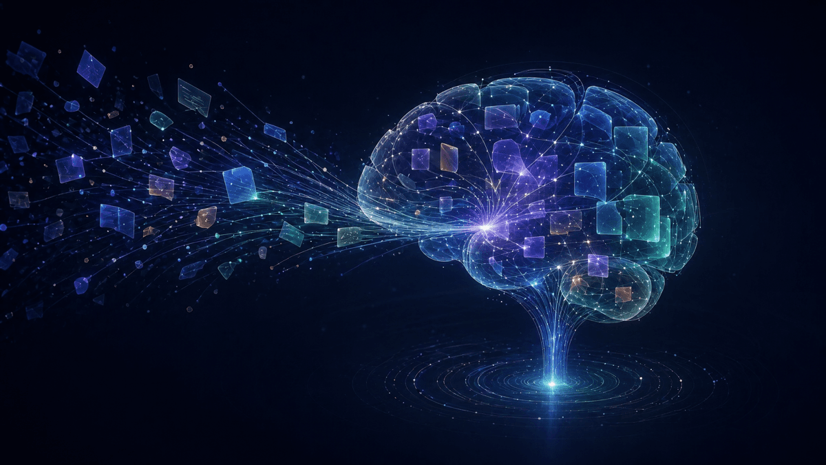 Abstract translucent brain-like memory structure forming from digital fragments and glowing retrieval lines.