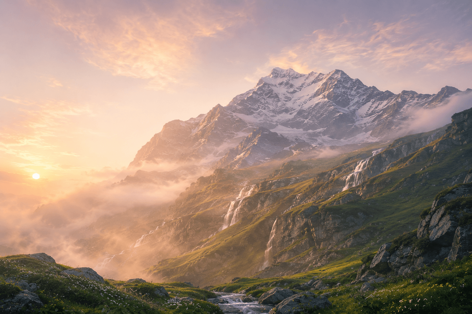 Alpine waterfalls and wildflower meadows beneath a snow peak in golden dawn mist