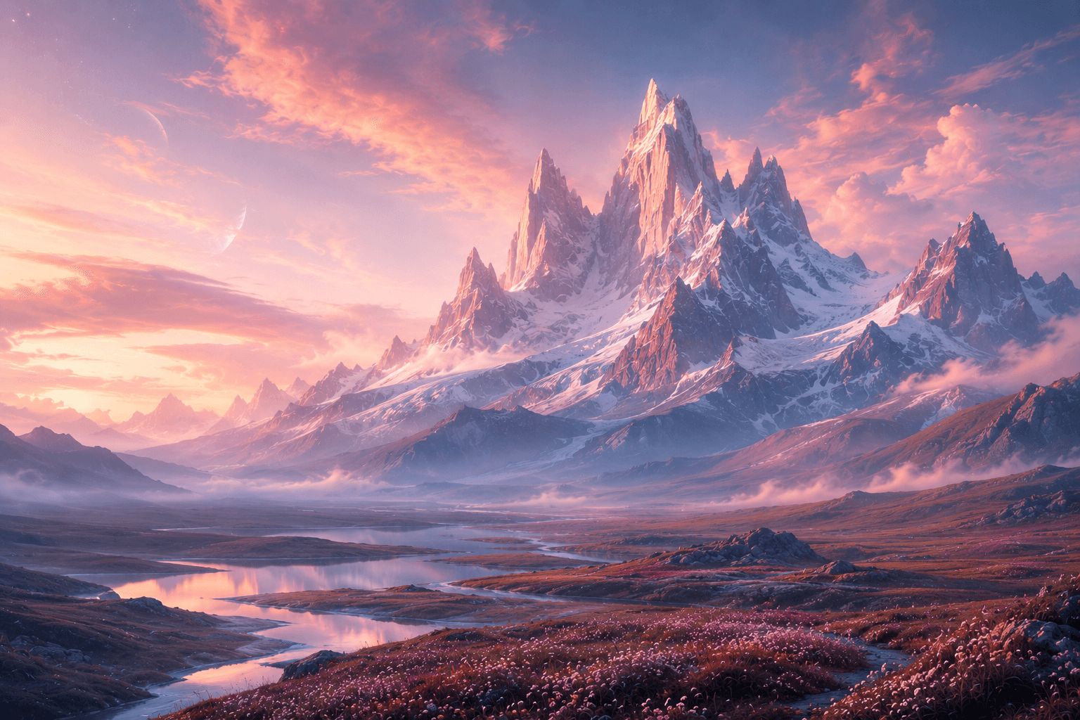 A surreal cosmic mountain landscape under a star-filled sky