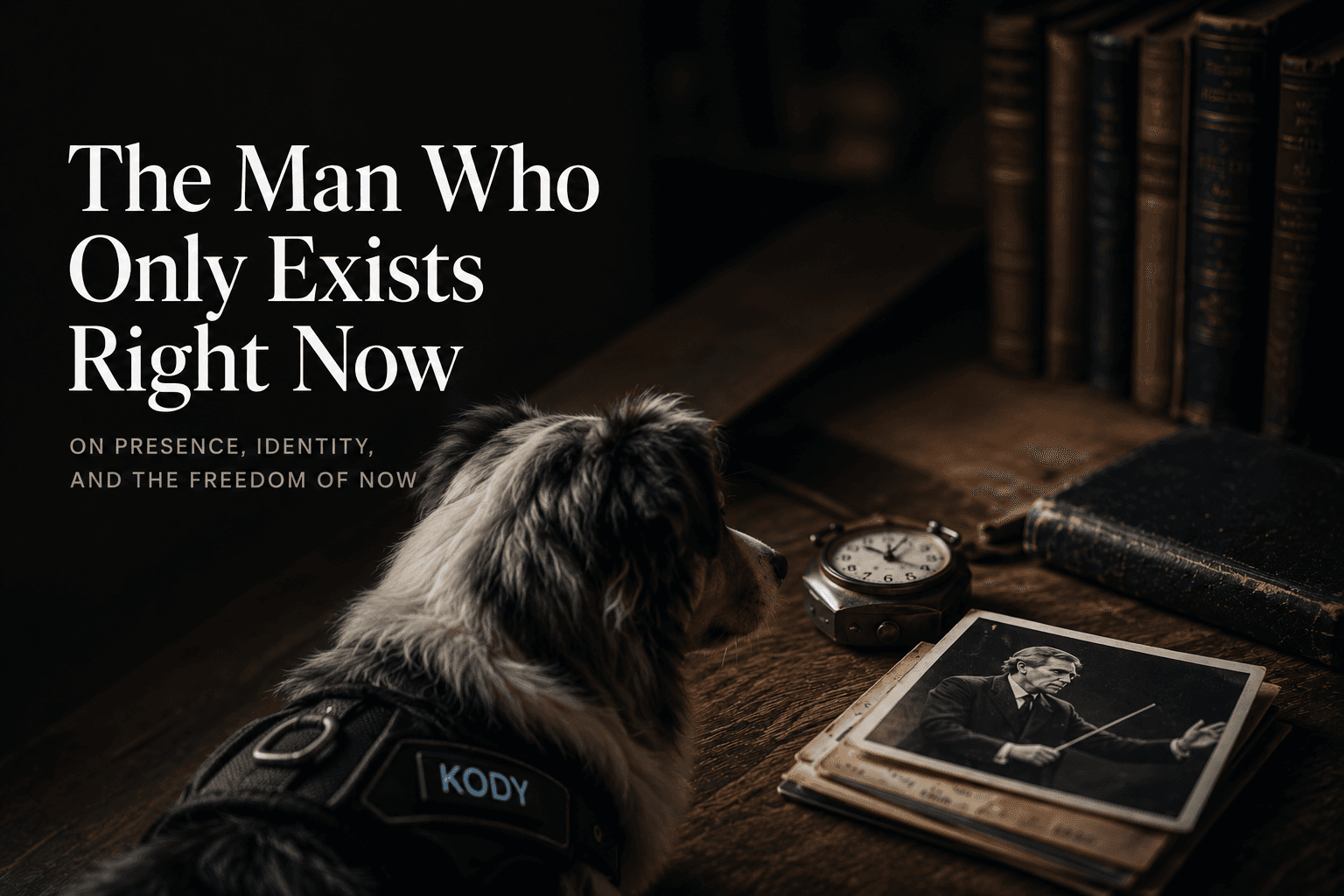 A dog named Kody studies a watch and old photograph on a dark wooden desk, with the essay title over a library-like background.